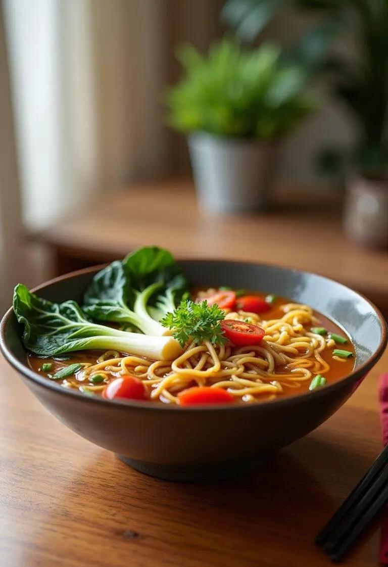 A cozy home setting showing a bowl of vegan ramen noodles with vegetables and broth on a wooden table, emphasizing a warm and inviting meal in a comfortable kitchen or dining space.