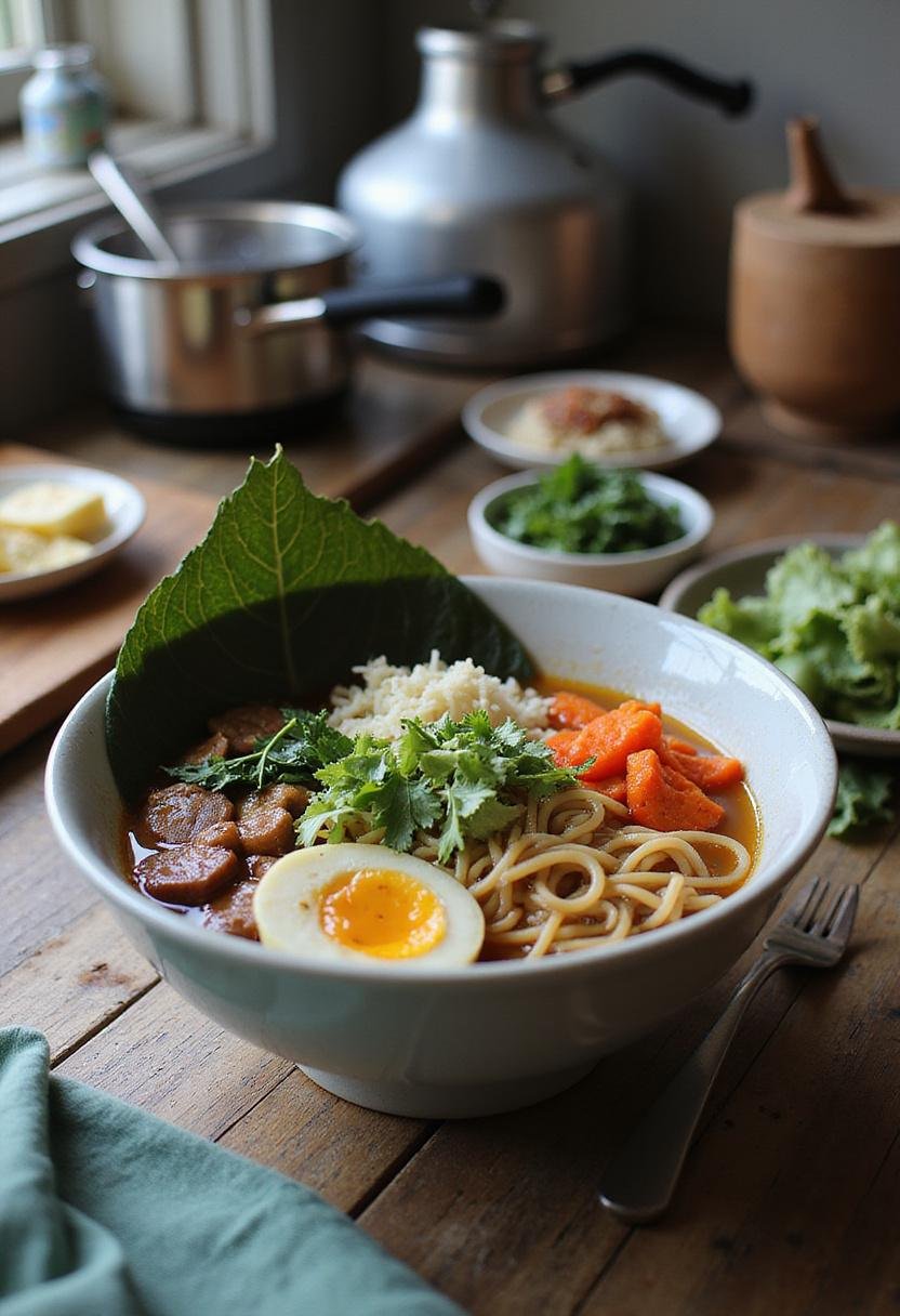 A realistic kitchen scene featuring a bowl of vegan ramen noodles with colorful vegetables on a countertop, surrounded by fresh ingredients and cooking tools, showcasing a healthy and delicious meal preparation process.