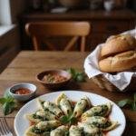 A delicious plate of spinach and ricotta stuffed pasta shells garnished with herbs, served on a cozy dining table in a warm kitchen, showcasing a healthy veggie dinner in a homey setting.