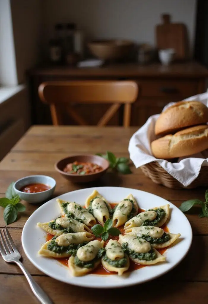 A delicious plate of spinach and ricotta stuffed pasta shells garnished with herbs, served on a cozy dining table in a warm kitchen, showcasing a healthy veggie dinner in a homey setting.