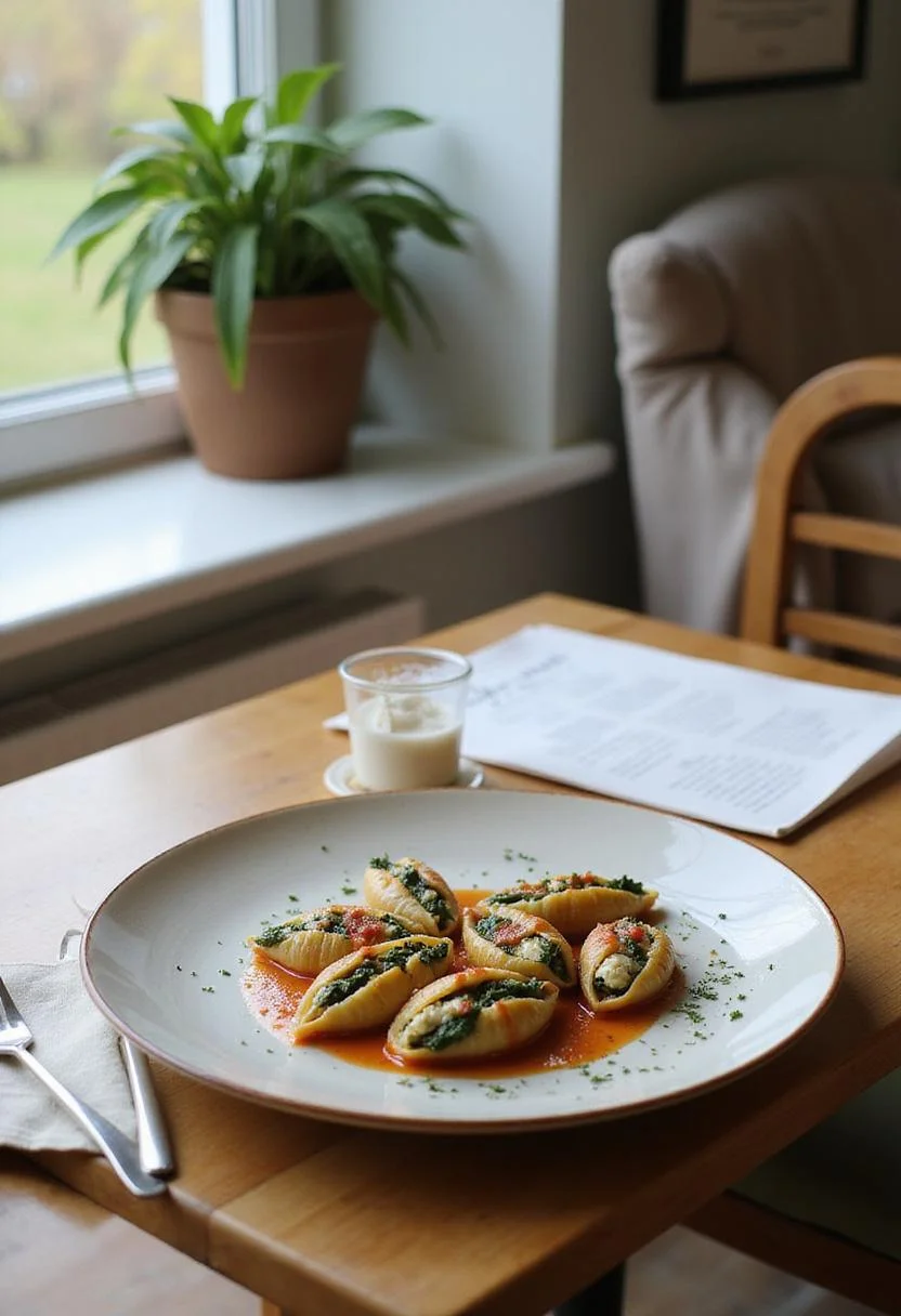 A beautifully plated spinach and ricotta stuffed shells served in a home kitchen setting, surrounded by cozy decor elements, emphasizing a healthy and comforting veggie dinner.