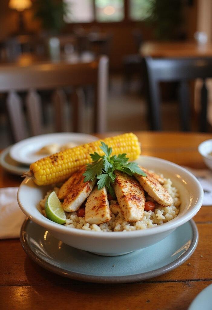 A colorful chicken rice bowl with grilled street corn, sliced chicken, and herbs, served on a plate in a cozy home setting, featuring a wooden table and soft lighting that highlights the fresh ingredients.