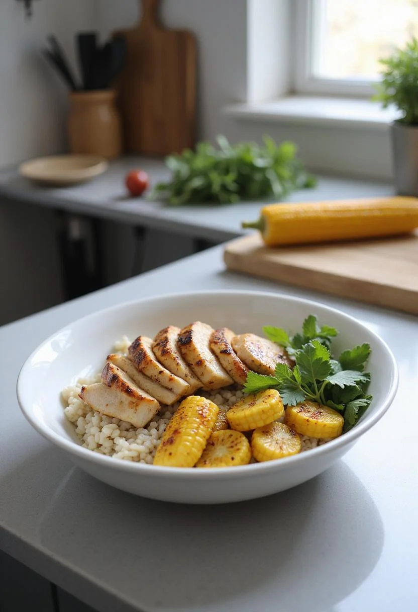 A plated chicken rice bowl with street corn in a modern kitchen setting, showing neatly arranged ingredients including grilled chicken, seasoned corn, and herbs on a clean surface with kitchen tools in the background.