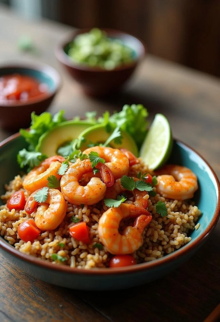 A close-up of a Fiesta Shrimp Rice Bowl on a wooden table, featuring seasoned shrimp, rice, fresh vegetables, and garnishes, in a cozy home setting with accompanying sides of salsa and sour cream.