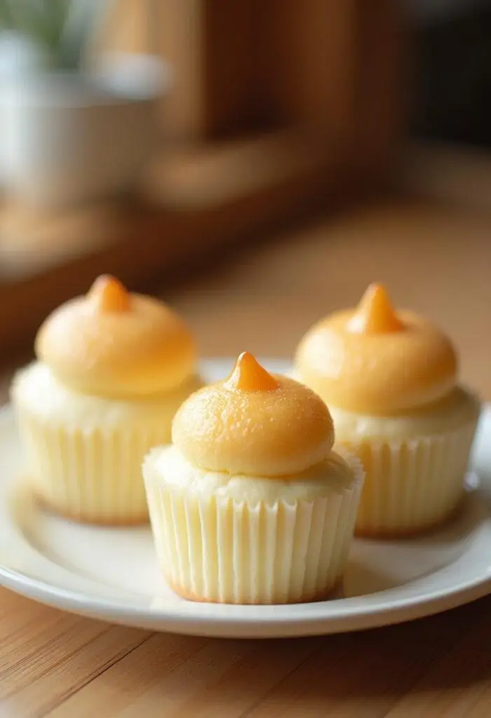 Realistic image of fluffy Japanese cotton cheesecake cupcakes on a white plate in a cozy home setting, showcasing their light and airy texture with a warm, inviting atmosphere.