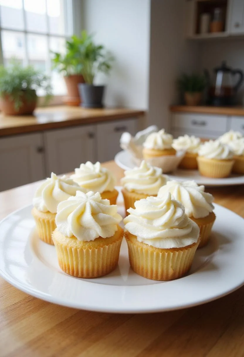 Realistic depiction of Japanese cotton cheesecake cupcakes in a kitchen setting, highlighting their delicate, fluffy texture on a white plate with a cozy kitchen background.