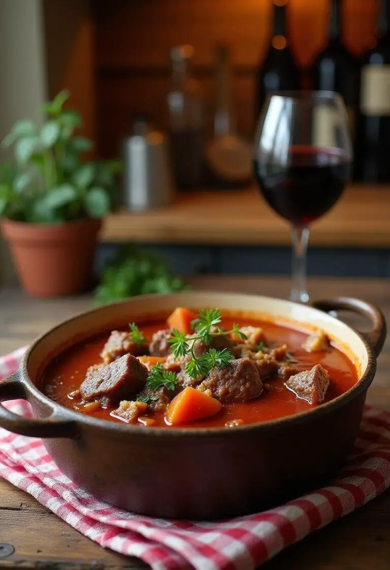 A plate of French-Style Beef Stew with Red Wine in a cozy home kitchen setting, featuring tender beef chunks in rich red wine sauce, garnished with herbs, on a wooden table with a checkered cloth.