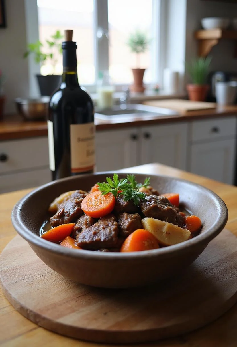 A bowl of French-Style Beef Stew with Red Wine placed on a wooden table in a cozy kitchen, showing tender beef and sauce garnished with herbs, with homey kitchen items nearby.