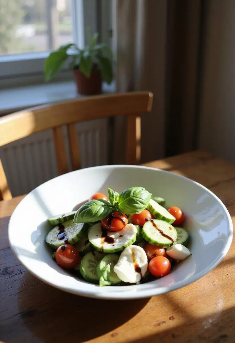 A fresh cucumber Caprese salad served in a cozy home setting, featuring sliced cucumbers, mozzarella, cherry tomatoes, basil, and balsamic drizzle on a white dish in warm natural sunlight.