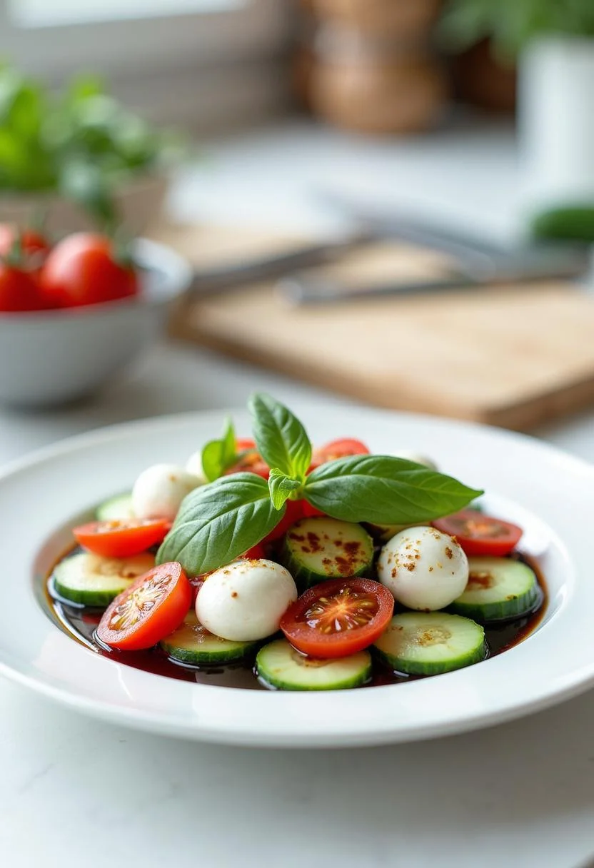 A fresh cucumber Caprese salad plated in a modern kitchen, featuring cucumber slices, mozzarella, cherry tomatoes, basil, and balsamic glaze, with natural bright light highlighting the dish.