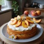 Realistic image of a fresh peach cake with peach slices on top, decorated with whipped cream and small flowers, styled in a cozy home kitchen setting with warm lighting and inviting details.