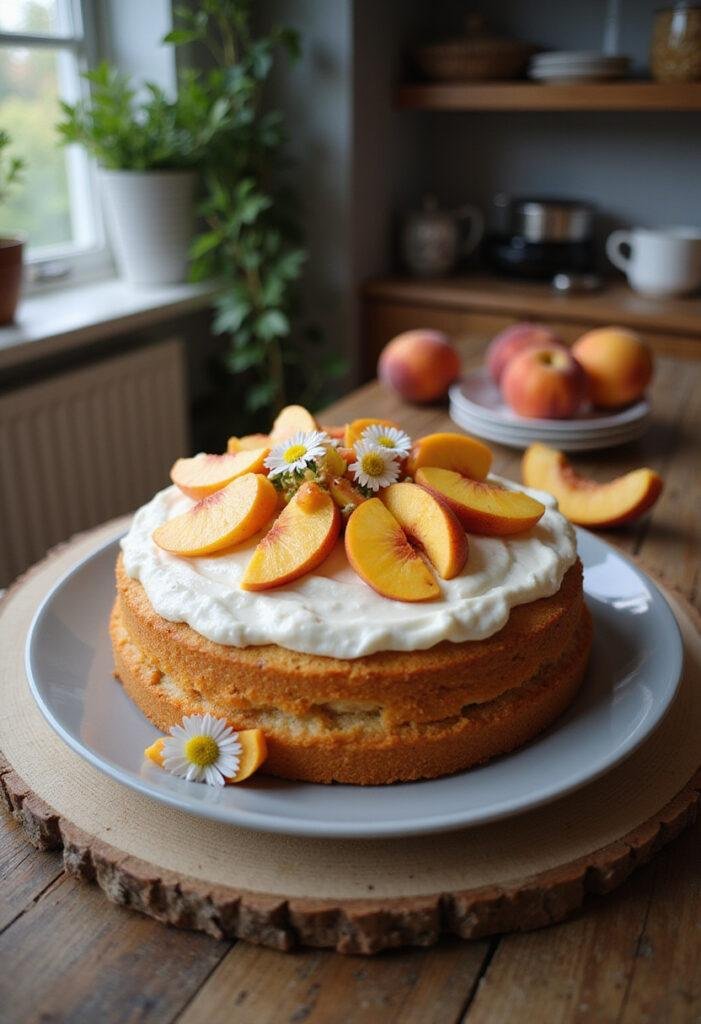 Realistic image of a fresh peach cake with peach slices on top, decorated with whipped cream and small flowers, styled in a cozy home kitchen setting with warm lighting and inviting details.
