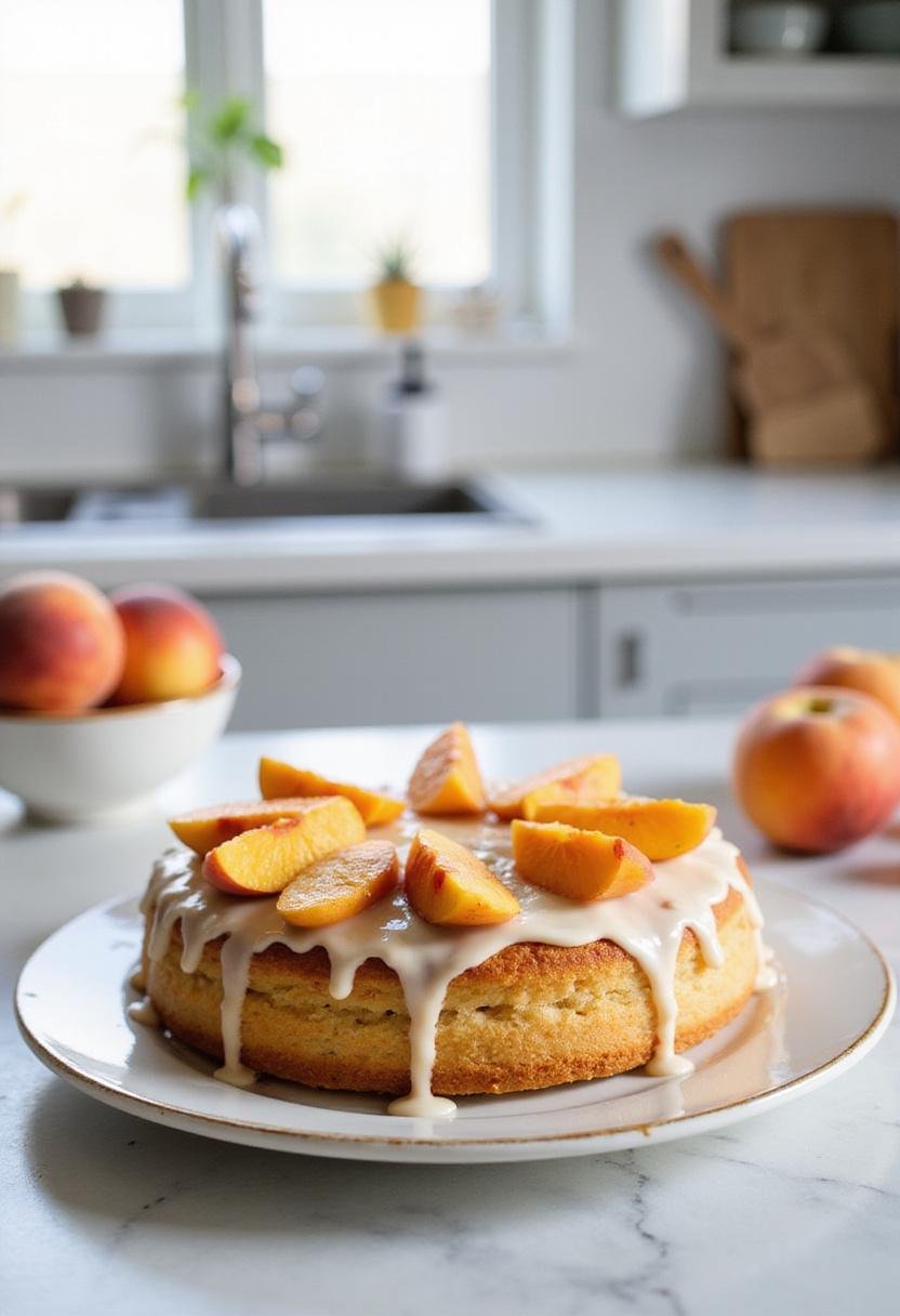 Realistic image of a fresh peach cake with peach slices on top, presented on a plate in a modern kitchen with bowls of peaches and baking utensils in the background.