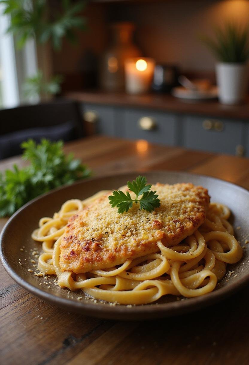 Garlic Parmesan Chicken Pasta Bake plated on a rustic dinner plate, topped with cheese and herbs, presented in a cozy home dining setting.