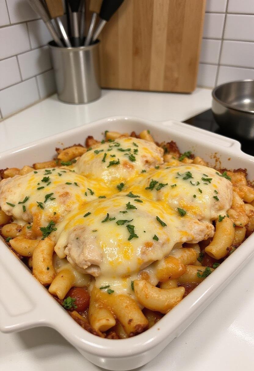 Garlic Parmesan Chicken Pasta Bake in a ceramic casserole dish on a kitchen countertop with typical kitchen tools and backsplash in the background.