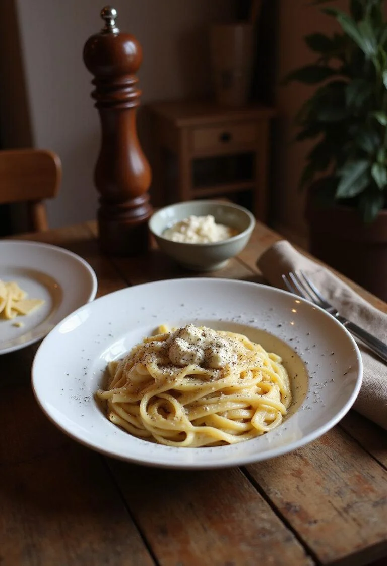 A plate of traditional Cacio e Pepe pasta with black pepper and Pecorino cheese, served in a cozy home setting with warm lighting and a rustic wooden table.