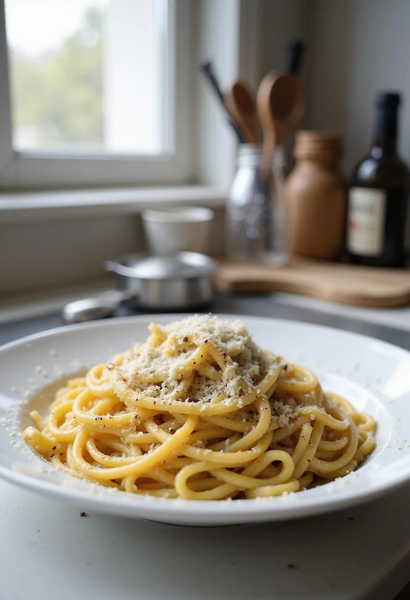 A realistic image of Cacio e Pepe pasta on a clean countertop in a modern kitchen, with black pepper and cheese garnishes, surrounded by kitchen tools and natural daylight.