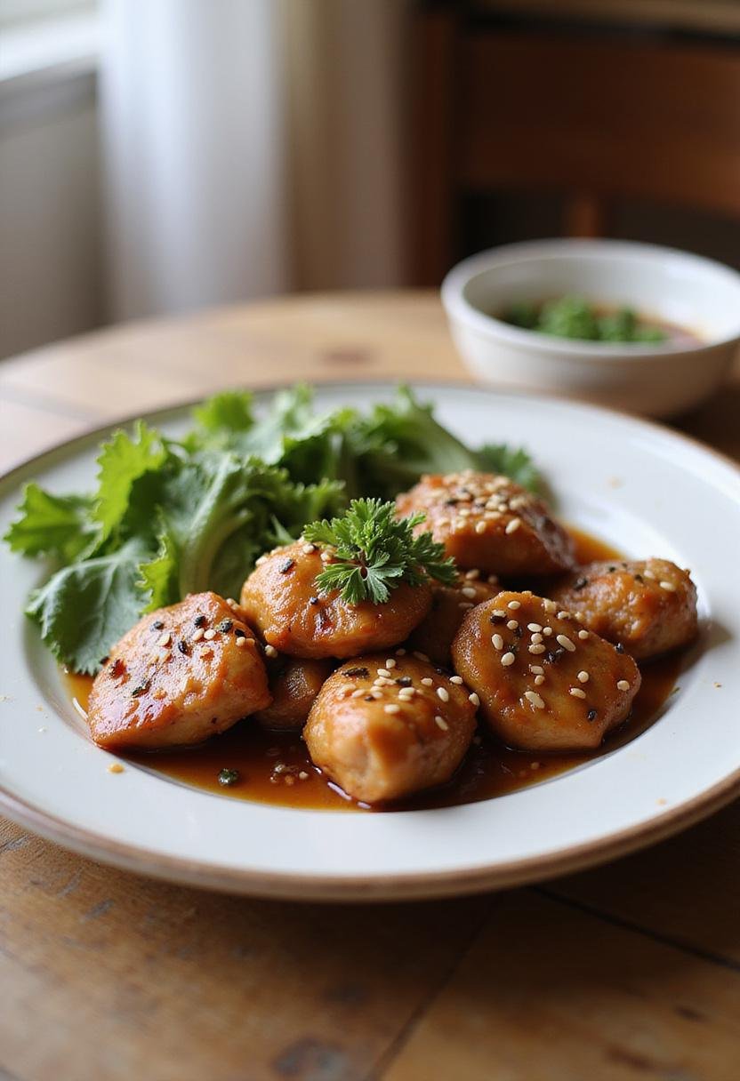 A serving of healthy sesame chicken plated on a dinner plate with sesame seeds and herbs, displayed in a home dining setting with warm lighting and a cozy atmosphere.