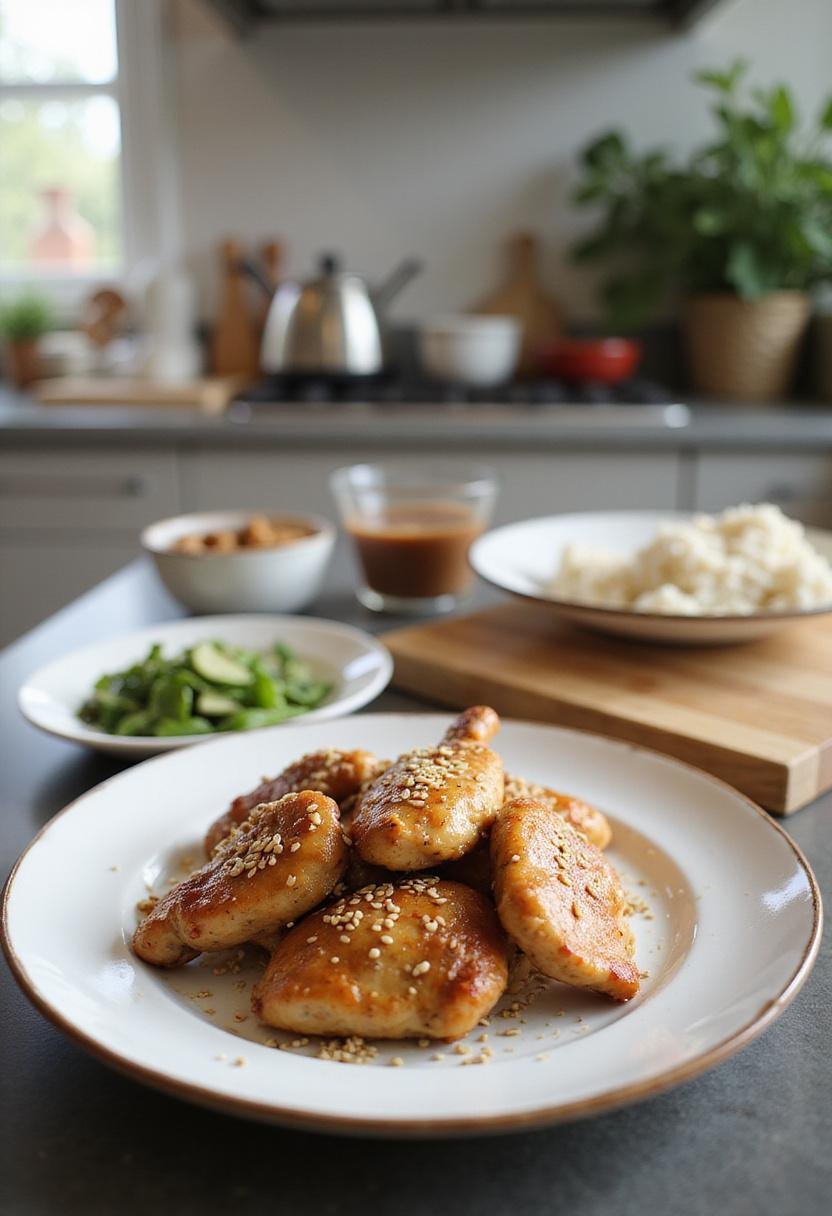 Healthy sesame chicken served on a plate within a modern kitchen scene, with a clean countertop and blurred kitchen tools in the background to evoke a home-cooked style.