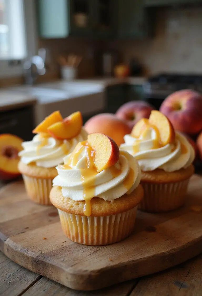 Realistic image of Honey Peach Cream Cheese Cupcakes on a wooden table in a cozy home kitchen, featuring peach slices, honey drizzle, and creamy frosting for an inviting, homemade feel.