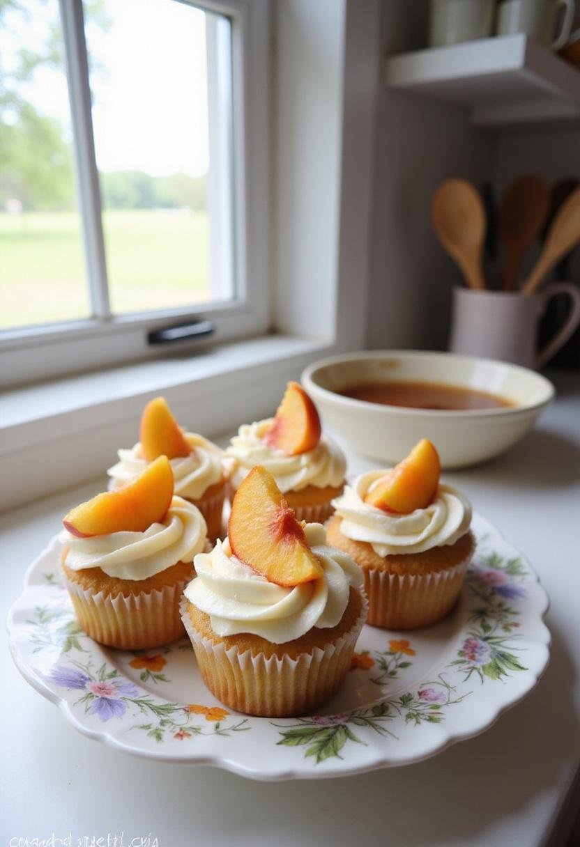 Realistic portrayal of Honey Peach Cream Cheese Cupcakes plated and styled in a kitchen setting, with peach slices and honey topping, surrounded by typical kitchen elements for a home baking scene.