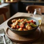 A hot honey chicken bowl with crispy chicken, honey glaze, and fresh vegetables served in a cozy home kitchen setting, styled with inviting lighting and rustic details.