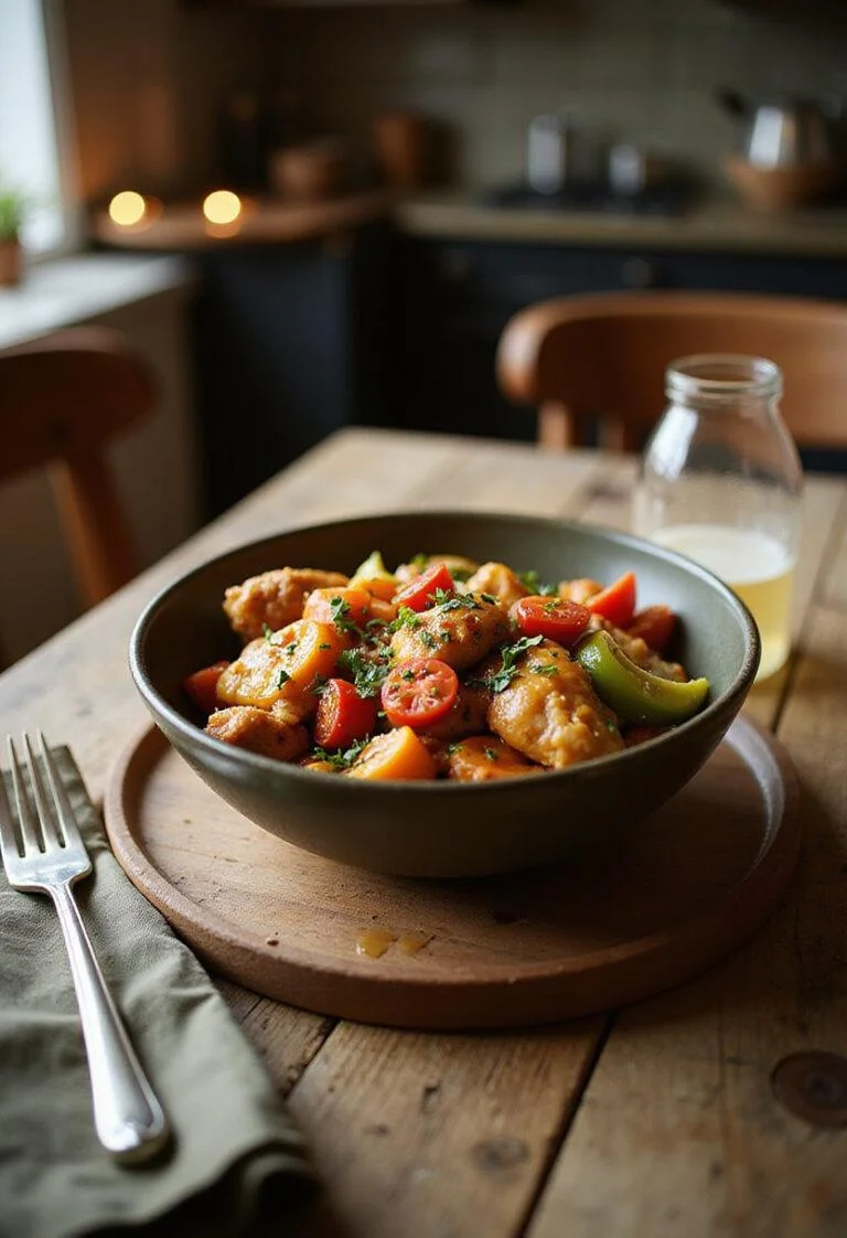 A hot honey chicken bowl with crispy chicken, honey glaze, and fresh vegetables served in a cozy home kitchen setting, styled with inviting lighting and rustic details.