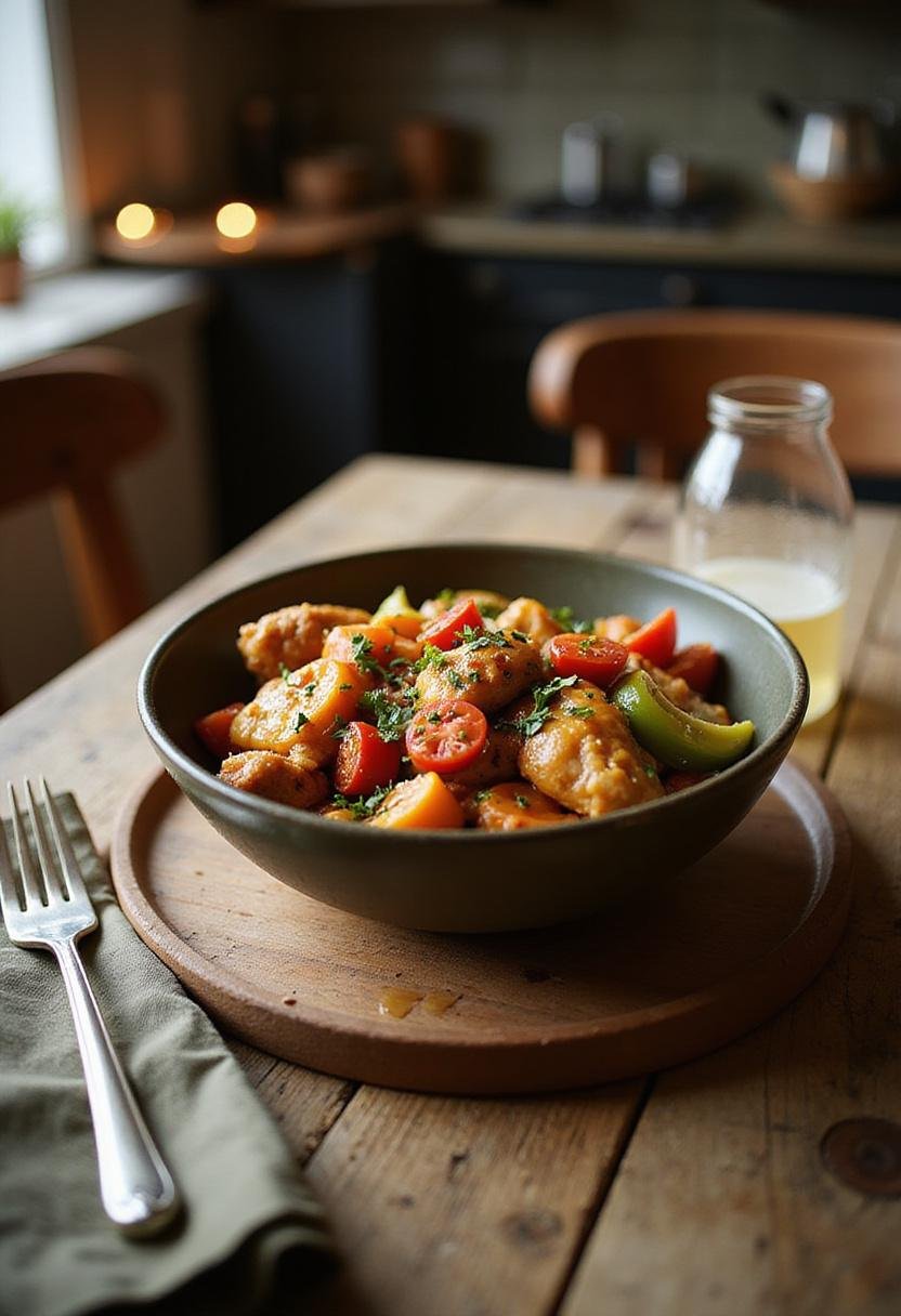 A hot honey chicken bowl with crispy chicken, honey glaze, and fresh vegetables served in a cozy home kitchen setting, styled with inviting lighting and rustic details.