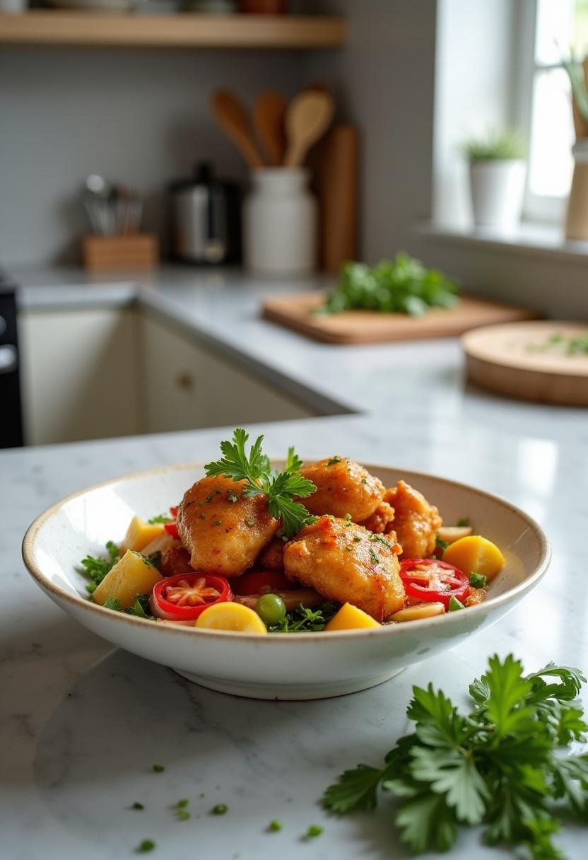 A hot honey chicken bowl with crispy chicken and fresh vegetables displayed in a contemporary kitchen scene, emphasizing the appealing presentation and vibrant ingredients.