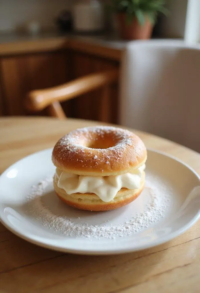 Realistic image of a Korean milk cream donut on a white plate, dusted with powdered sugar, set on a wooden table indoors with cozy, warm lighting, showcasing the crispy and creamy-filled dessert in a home kitchen setting.