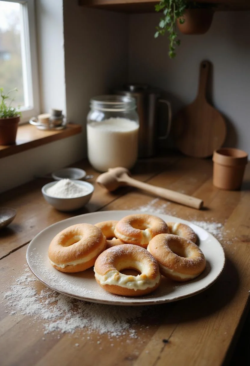 Realistic image of a Korean milk cream donut on a ceramic plate in a kitchen with wooden surfaces, showing the freshly baked pastry with a creamy filling, surrounded by baking ingredients and utensils, bathed in natural sunlight.