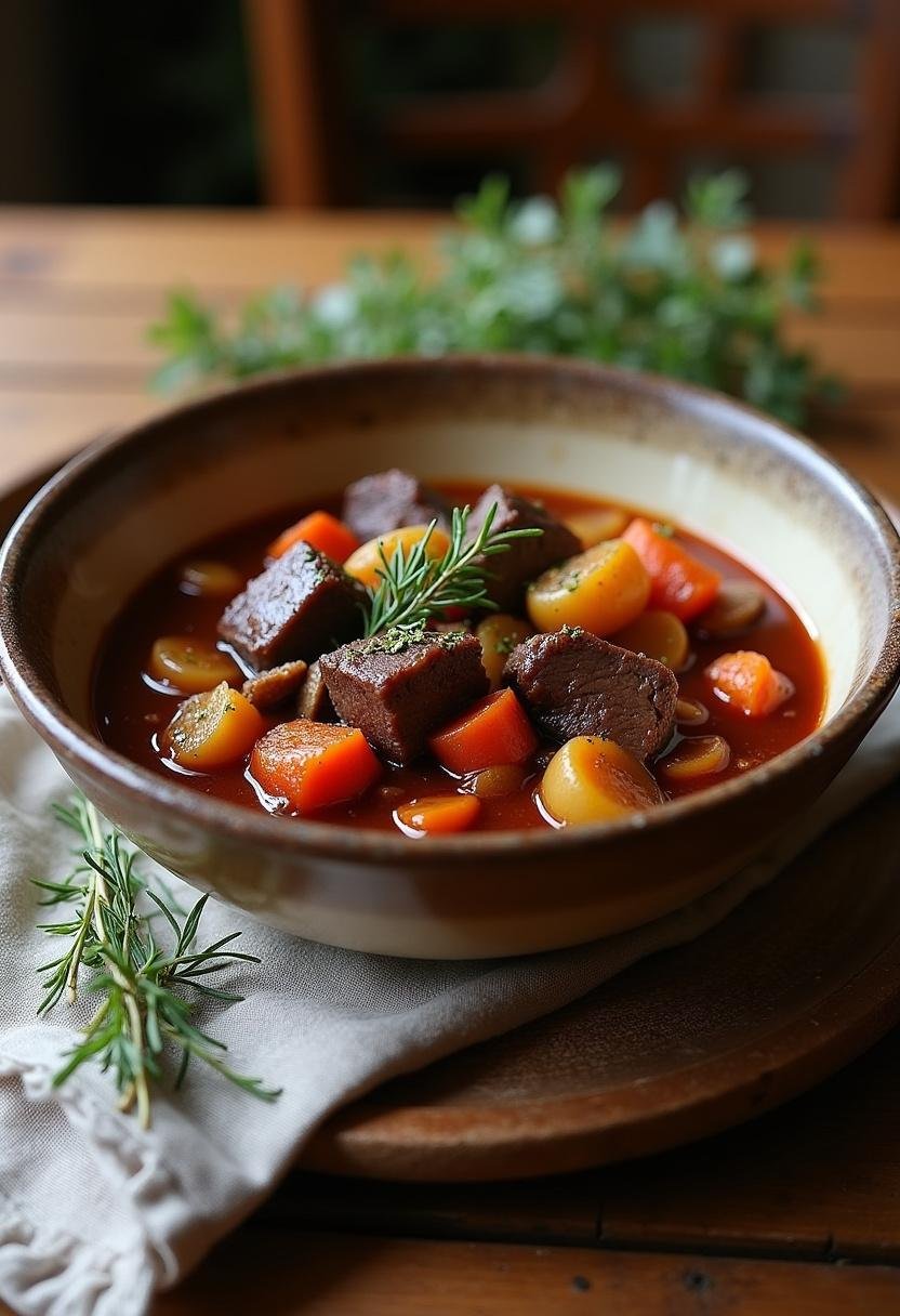 A realistic image of red wine-braised beef stew with potatoes and carrots served in a rustic bowl on a cozy wooden table, styled in a home setting with natural lighting highlighting the dish's rich colors and tender ingredients.