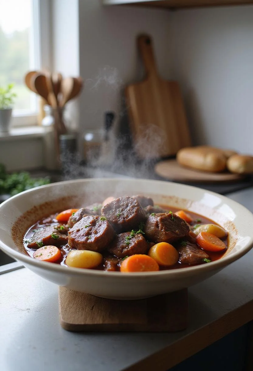 A realistic image of red wine-braised beef stew with potatoes and carrots in a ceramic bowl on a kitchen countertop, with a background of kitchen utensils and natural light, showcasing a modern kitchen setting.