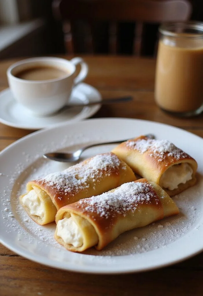 Italian Cream Stuffed Cannoncini on a white plate in a cozy kitchen scene, showcasing golden cannelloni filled with creamy filling, decorated with powdered sugar, with warm lighting and a coffee cup nearby.