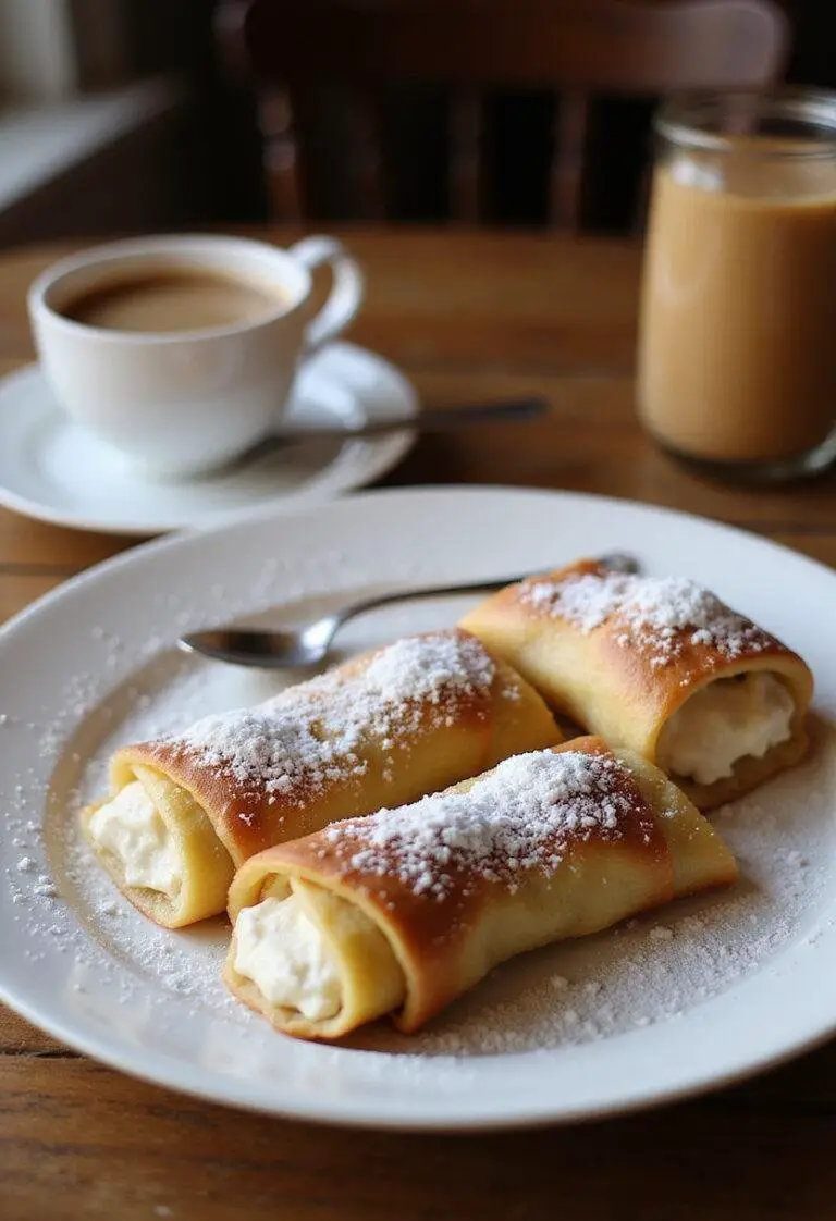 Italian Cream Stuffed Cannoncini on a white plate in a cozy kitchen scene, showcasing golden cannelloni filled with creamy filling, decorated with powdered sugar, with warm lighting and a coffee cup nearby.