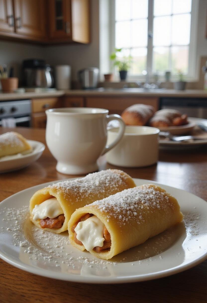 Italian Cream Stuffed Cannoncini on a plate in a cozy kitchen with wooden countertops, featuring golden cannelloni filled with cream, topped with powdered sugar, illuminated by natural sunlight for a homely feel.