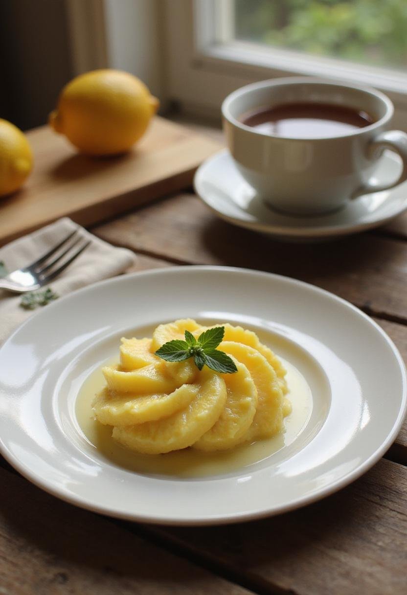 A realistic scene of Italian Lemon Spread Delight presented on a white plate in a cozy home setting, with fresh lemon slices and a mint garnish, on a wooden table with warm lighting, evoking a cozy and inviting atmosphere.