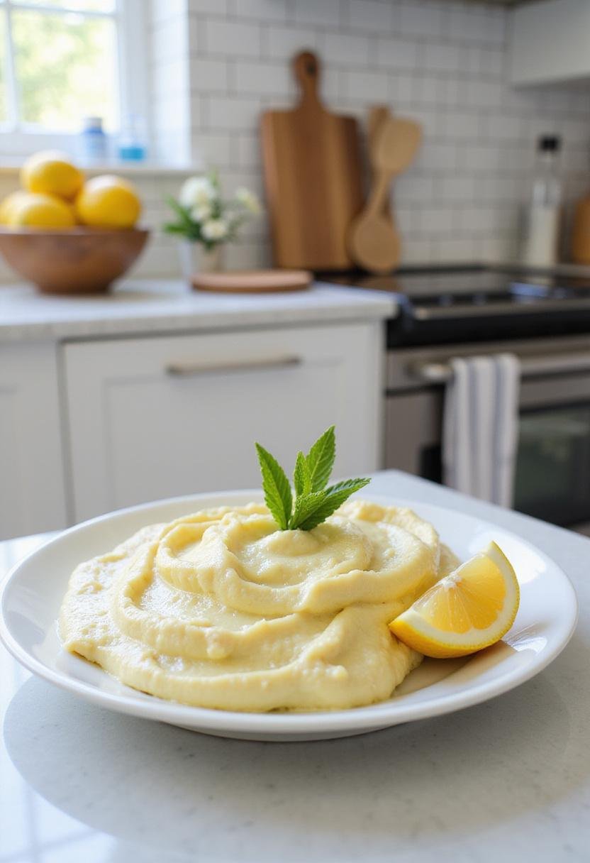 A realistic image of Italian Lemon Spread Delight plated in a kitchen setting, with fresh lemons and mint garnish on a countertop, highlighting a modern, clean kitchen environment with bright natural lighting.