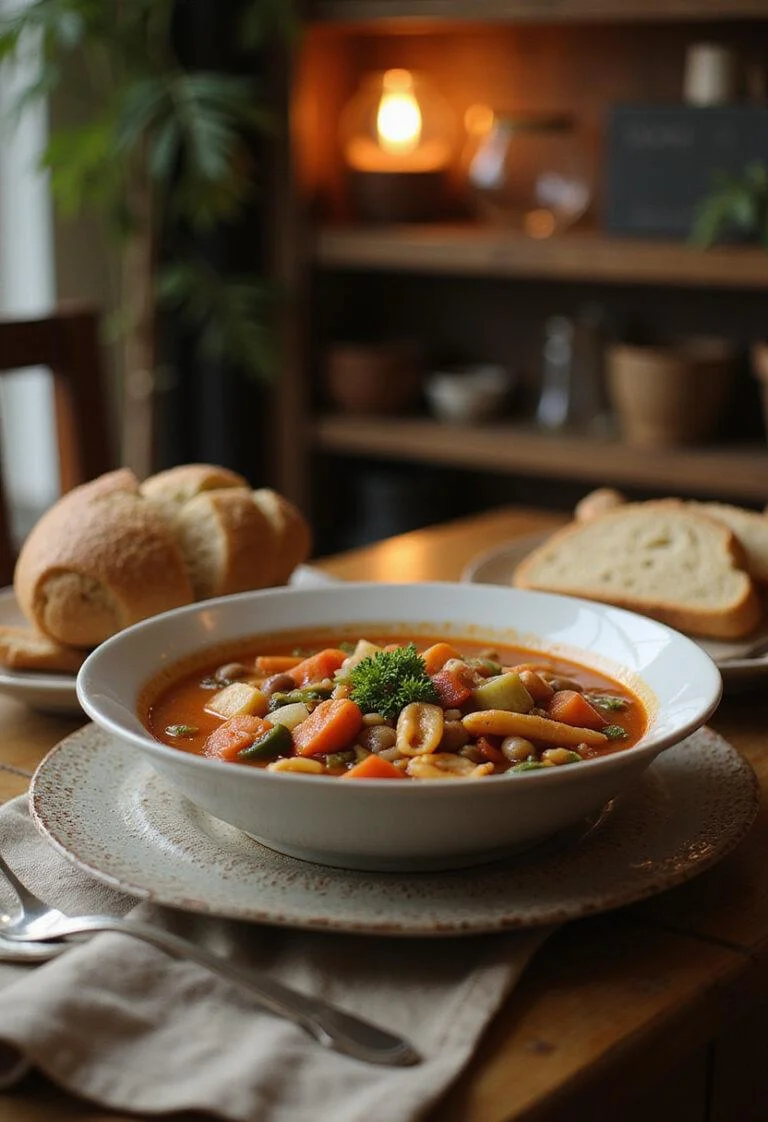 A realistic scene of Italian Minestrone Soup served in a bowl on a cozy home table, with fresh vegetables, beans, and pasta visible in the broth, along with a loaf of rustic bread nearby, in a warm, inviting kitchen setting.
