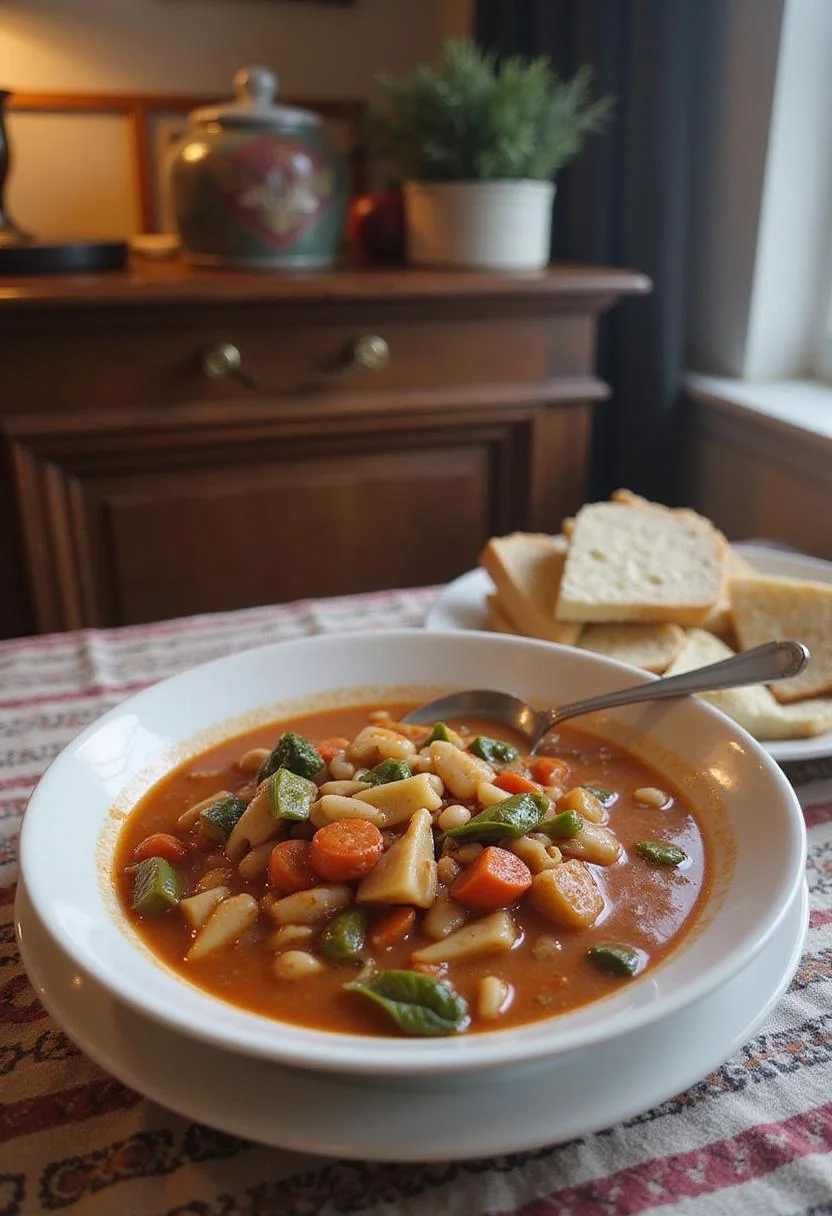 A realistic scene of Italian Minestrone Soup beautifully plated on a cozy home dining table, featuring colorful vegetables, beans, and pasta in a rich broth, with a spoon and warm, inviting decor in the background.