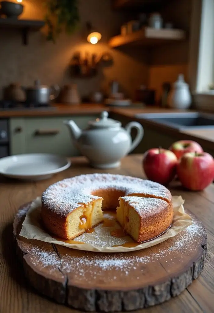 A sliced Jamie Oliver apple pie cake on a rustic wooden table in a cozy kitchen, showing a golden apple filling, caramel drizzle, and powdered sugar, with warm lighting and kitchen background elements.