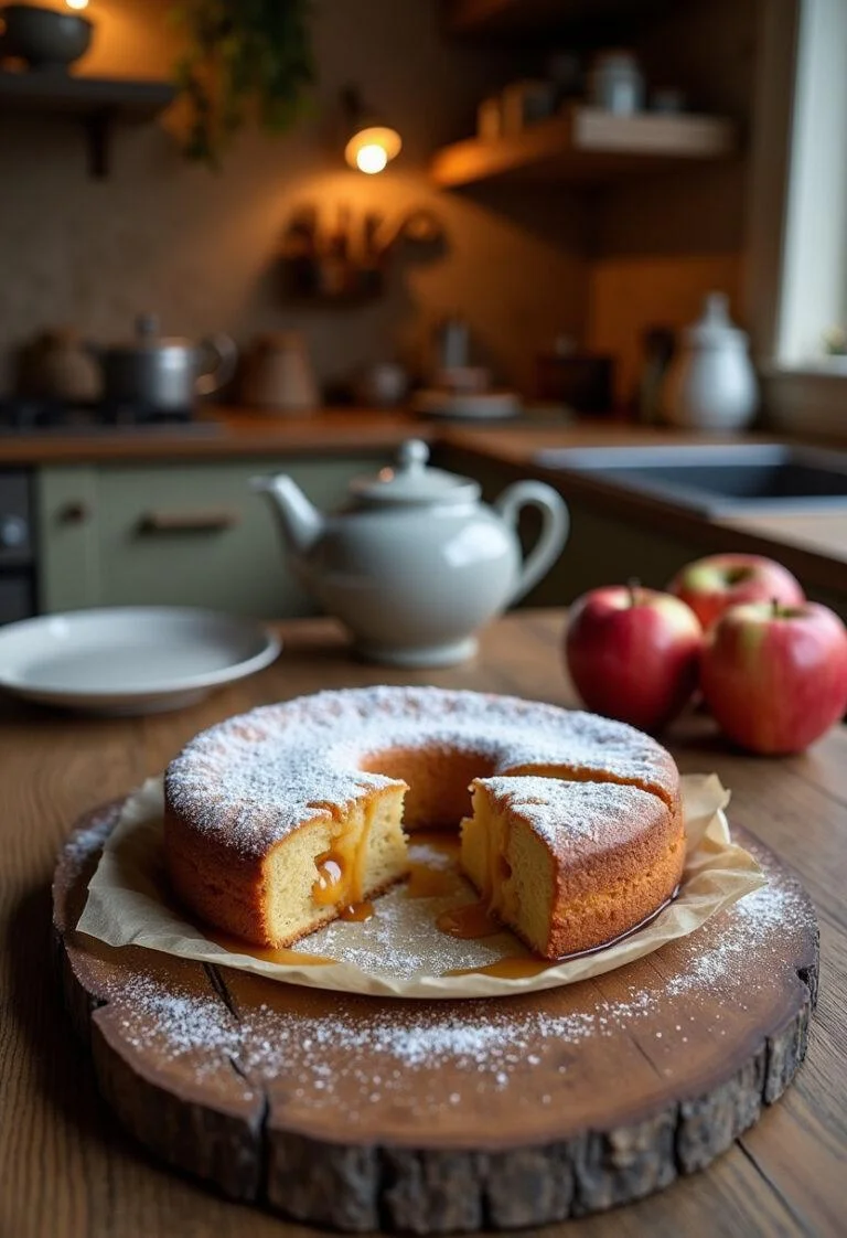 A sliced Jamie Oliver apple pie cake on a rustic wooden table in a cozy kitchen, showing a golden apple filling, caramel drizzle, and powdered sugar, with warm lighting and kitchen background elements.