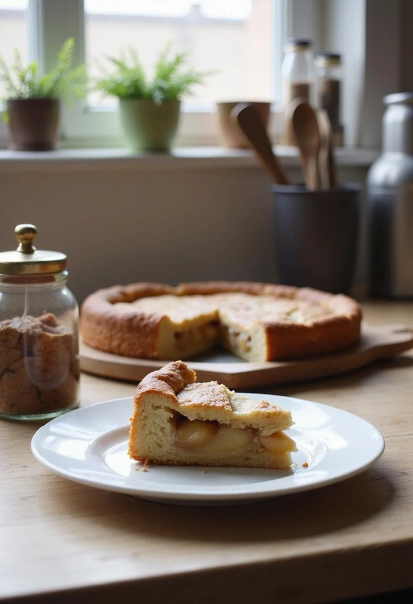 A slice of Jamie Oliver apple pie cake on a white plate in a cozy kitchen setting, highlighting the apple filling and flaky crust with kitchen utensils and natural light in the background.