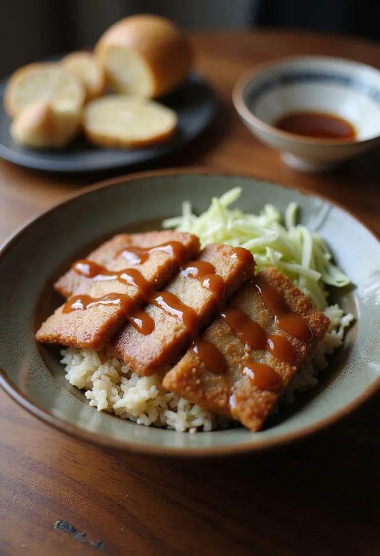 A delicious Japanese Katsu Bowl featuring crispy breaded pork cutlet slices on rice, garnished with shredded cabbage and Tonkatsu sauce, presented in a cozy home setting, ideal for Japanese comfort food lovers.