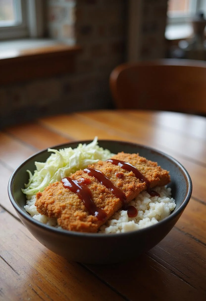 A Japanese Katsu Bowl with crispy pork cutlet slices on rice, garnished with cabbage and Tonkatsu sauce, presented in a home kitchen setting for a comforting Japanese meal.