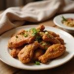 A plate of crispy Korean fried chicken garnished with green onions and sesame seeds, presented on a home dinner table with cozy lighting and warm setting.