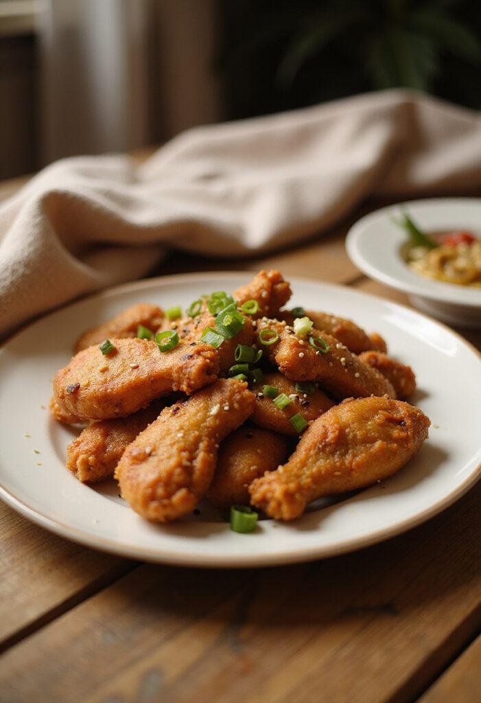 A plate of crispy Korean fried chicken garnished with green onions and sesame seeds, presented on a home dinner table with cozy lighting and warm setting.