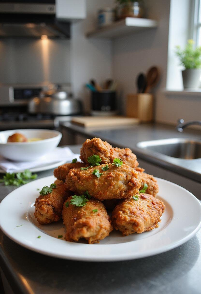 Korean fried chicken on a white plate placed on a kitchen counter with appliances and utensils in the background, lit by natural light for a kitchen display.