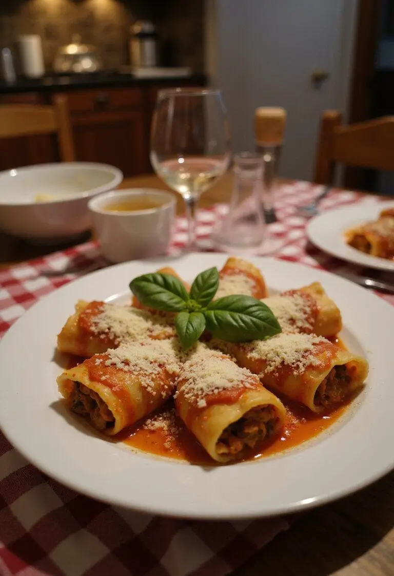 A realistic image of lasagna rolls plated on a wooden table, garnished with basil and cheese, presented in a cozy home kitchen setting for a comforting meal.