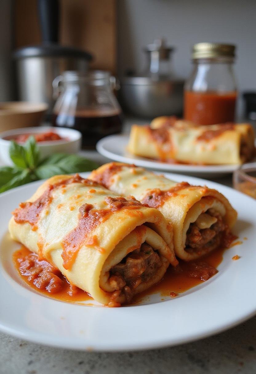 A realistic close-up of lasagna rolls on a white plate in a kitchen setting, highlighting the textures and layers of cheese and filling for a hearty Italian dish.